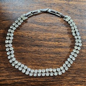 Necklace silver tone faux diamonds two strand choker  12 inch total length
